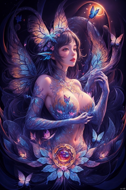  8k, masterpiece, high quality, highly detailed, (1 beautiful girl),(beautiful face), (Metamorphosis from girl to butterflies), (Girl silhouette composed of many butterflies
(Feathered butterfly body, collapse body(Upper body retains human features, Lower body dissolves into butterflies vortex):1.4), (ethereal vortex of many colorful butterflies:1.3), a huge butterfly wings emerging, Mystical ambiance, surreal atmosphere), (fractal art:1.4), (time reversal), (chakra:1.1), (Surrealism painting(Surreal elements, Colorful palette, Dreamlike quality, Fluid shapes, Symbolic imagery:1.1)), (crimson lips, lips parted), tattoo, HUBG_Rococo_Style(loanword)