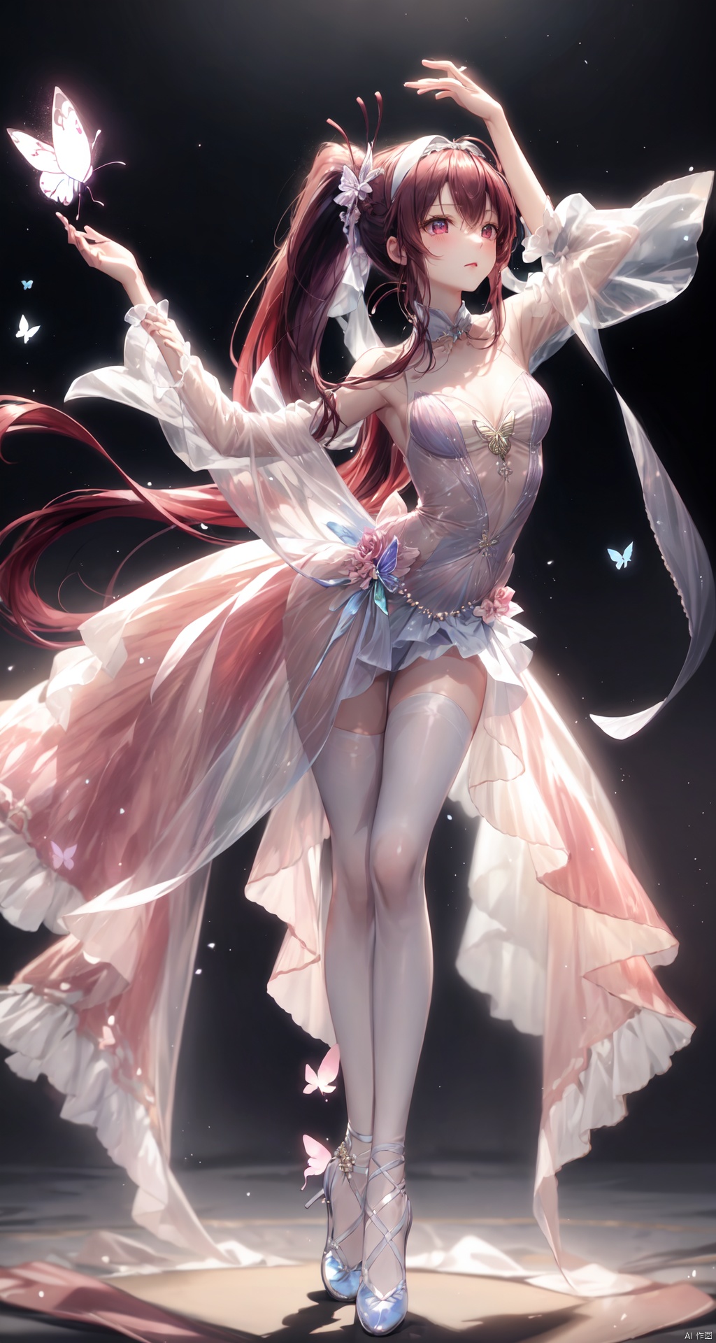 芳澤かすみ,Wine red long hair, long ponytail, single ponytail, butterfly tie hairband, innocent expression, cute girl, perfect figure, ballet costume, elegant dance posture, flexible angle, elegance, beauty