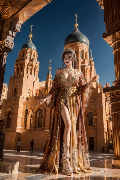  8k, best quality, masterpiece, ultra detailed, (from below:1.2), (1girl), beauty face, full body, elegant}, (dramatic, gritty, intense), intricate details, (wide shot:1.1), (dynamic composition:1.2), Ayasofya Cathedral dome murals, 
sexy body,
Luxurious robes{intricate embroidery, rich hues},
Pearls and gemstones{lustrous necklaces, shimmering hairpins},
thorn crown{jewel-encrusted tiara, gold filigree},
Scepter in hand{ornate handle, symbol of authority},
Majestic expression{poised and regal, serene confidence},
Palatial or garden backdrop{opulent architecture, flower filed},
Byzantine art style{mosaic influences, iconic imagery},
greek clothes, Saint Sophia muggle, faxa