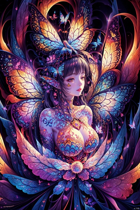  8k, masterpiece, high quality, highly detailed, (1 beautiful girl:1.5),(beautiful face), ink sketch, (Metamorphosis from girl to butterflies), (Subtle female silhouette(Feathered butterfly body, collapse body(Upper body retains human features, Lower body dissolves into butterflies vortex):1.3), (ethereal vortex of many colorful butterflies:1.4), Delicate butterfly wings emerging, Mystical ambiance, surreal atmosphere), (fractal art:1.4), (time reversal), (chakra:1.1), (Surrealism painting(Surreal elements, Colorful palette, Dreamlike quality, Fluid shapes, Symbolic imagery:1.1)), (crimson lips, lips parted), tattoo, HUBG_Rococo_Style(loanword)