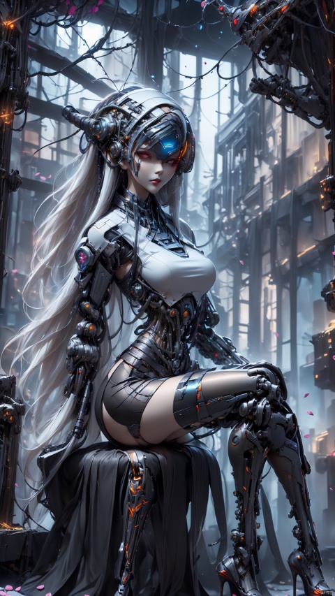  (Masterpiece, Best Quality: 1.4),High Resolution, Ultra Detail, (1girl: 1.3), BREAK IR Photography, (White hair:1.5),( (((The cyber helmet covers the whole fac:1.5),(The head is mechanical:1.5),(Black stockings:1.3),(Black high heels:1.5),Otherworldly Tones, ( cyborg:1.6),Surrealist Landscapes,Vivid Colors,Creative Expression, Textured Art,(good hands),The glowing eyes, the seductive expression,face,cowboy shot, solo,qy-hd,(round),(((Be seated))),Outdoor, landscape, flowers, butterflies, (((petals flying))), (((minimalist style))), shinyclothes, dress, liuyifei, tifa, tianhu, raiden shogun, christmas, 1girl,high_heels,skirt, xiaoyixian, cyborg, (((The cyber helmet covers the whole fac