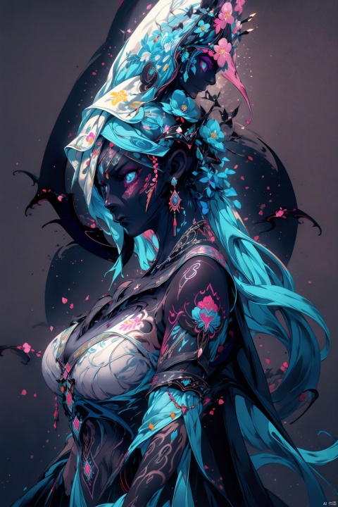  Official art, colorful, colorful background, splashes of color, a beautiful woman, delicate features, large breasts, tattoos, floral arms, colored and colored silk covering the body,(dark skin:1.8), looming body, profile photos, tattoo