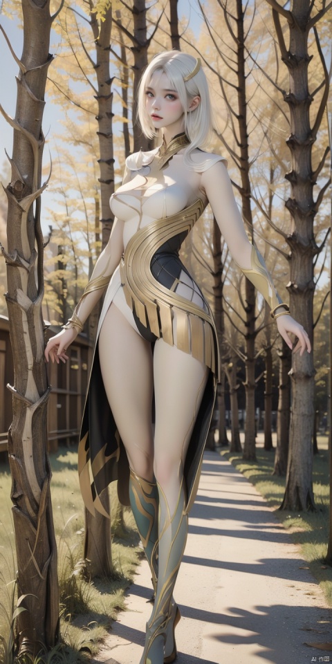  JING,1girl,solo,looking at viewer,white hair,armor,blue eyes,bangs,lips,bodysuit,boots,short hair,tree,yellow theme,scenery,outdoors,traditional media,autumn,nature,, (raw photo:1.2),((photorealistic:1.4))best quality,masterpiece,illustration,an extremely delicate and beautiful,extremely detailed,CG,unity,8k wallpaper,Amazing,finely detail,masterpiece,best quality,official art,extremely detailed CG unity 8k wallpaper,absurdres,incredibly absurdres,huge filesize,ultra-detailed,highres,extremely detailed,beautiful detailed girl,cinematic lighting,1girl,pale skin,tall female,(perfect body shape),skinny body,Slender legs,