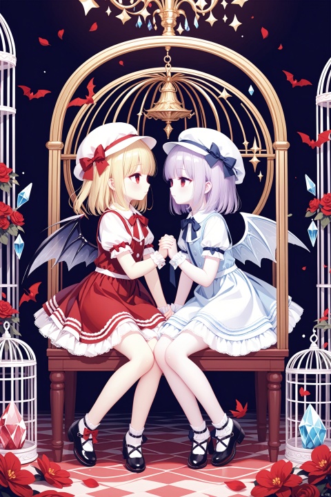 (masterpiece),(best quality),illustration,ultra detailed,hdr,Depth of field,(colorful),[Artist iumu],[Artist Sheya],[Artist chen bin],artist:tianliang duohe fangdongye,flandre scarlet, mob cap, remilia scarlet, hat, multiple girls, 2girls, wings, blonde hair, short sleeves, cage, red eyes, siblings, sisters, bat wings, puffy sleeves, wrist cuffs, looking at another, puffy short sleeves, birdcage, shirt, white headwear, skirt, holding hands, red vest, white shirt, purple hair, red skirt, bow, one side up, sitting, dress, vest, short hair, ribbon, eye contact, crystal, red ribbon, red bow, shoes, closed mouth, full body, hat ribbon, profile, medium hair, black footwear