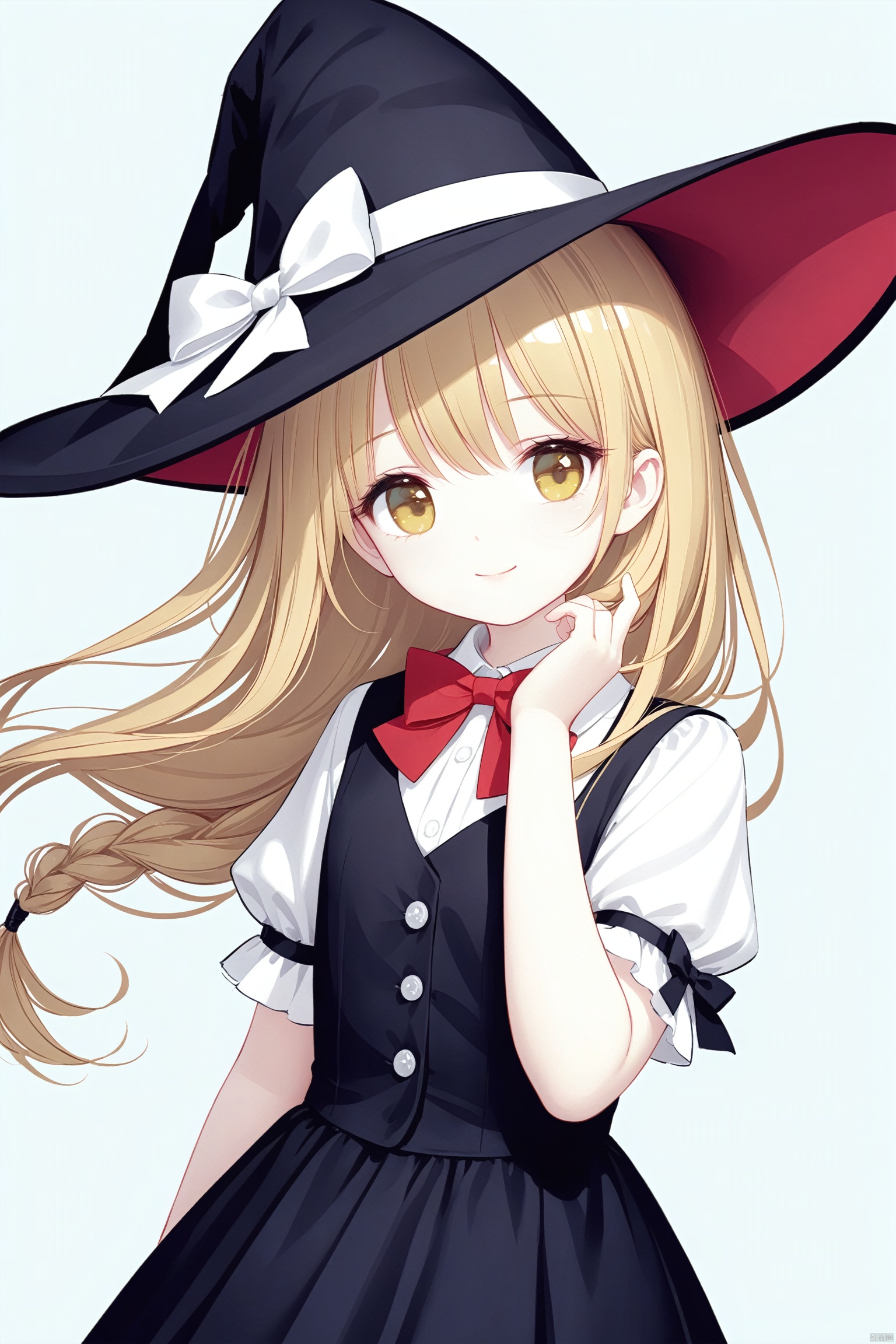 (masterpiece),(best quality),illustration,ultra detailed,hdr,Depth of field,(colorful),[Artist iumu],[Artist Sheya],[Artist chen bin],[artist:tianliang duohe fangdongye],[artist:wlop], 1girl, kirisame marisa, solo, hat, bow, blonde hair, long hair, witch hat, braid, red bow, black headwear, yellow eyes, hat bow, white bow, hair bow, looking at viewer, short sleeves, closed mouth, shirt, white shirt, hair between eyes, single braid, smile, upper body, star (symbol), black vest, vest, red bowtie, bowtie, hand in own hair, floating hair, hand up, simple background