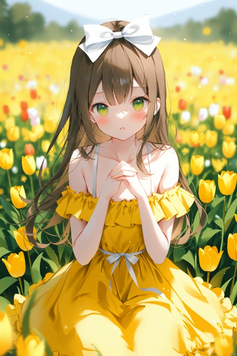  masterpiece,best quality,high quality,(colorful),[Artist miwano rag],[Artist chen bin],[Artist wlop:1],Artist weri, 1girl, flower, solo, yellow flower, dress, green eyes, long hair, looking at viewer, yellow dress, off-shoulder dress, bare shoulders, blurry, bangs, hair bow, off shoulder, bow, tulip, collarbone, depth of field, blurry background, outdoors, brown hair, sitting, parted lips, white bow, flower field, hands up, frilled dress, own hands together, frills, blush, field