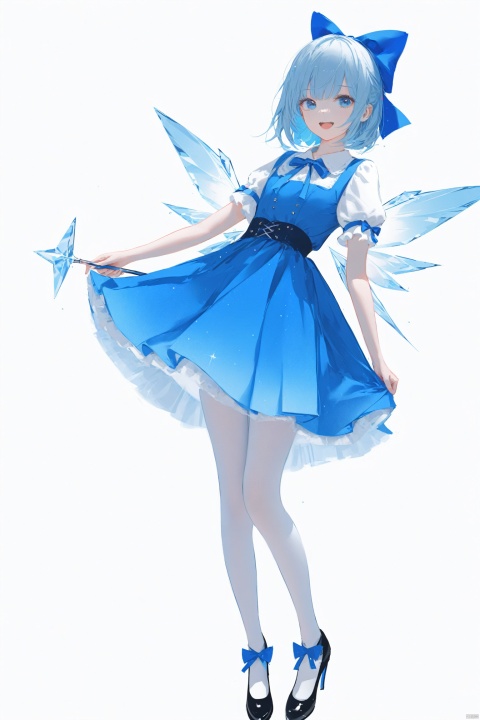  masterpiece,best quality,high quality,(colorful),[Artist miwano rag],[Artist chen bin],[Artist wlop:1],  Artist Hitoimim, 1girl, solo, cirno, blue eyes, wings, bow, ice, ice wings, hair bow, full body, smile, open mouth, short sleeves, blue hair, white background, blue bow, puffy sleeves, short hair, simple background, high heels, looking at viewer, puffy short sleeves, white pantyhose, ribbon, shirt, pantyhose, black footwear, dress, :d, shoes, skirt, blue dress, standing, holding, white shirt