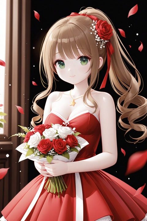 (masterpiece),(best quality),illustration,ultra detailed,hdr,Depth of field,(colorful),[Artist iumu],[Artist Sheya],[Artist chen bin],[artist:tianliang duohe fangdongye],[artist:wlop], 1girl, breasts, solo, flower, green eyes, dress, brown hair, cleavage, aerith gainsborough, red dress, bouquet, smile, long hair, jewelry, looking at viewer, necklace, red flower, holding, holding bouquet, bare shoulders, hair ornament, petals, sidelocks, strapless dress, strapless, medium breasts, falling petals, parted bangs, ribbon, hair flower, bare arms, official alternate costume, star necklace, cowboy shot, ponytail, closed mouth, hair ribbon, ringlets, red ribbon, bow, rose, drill hair