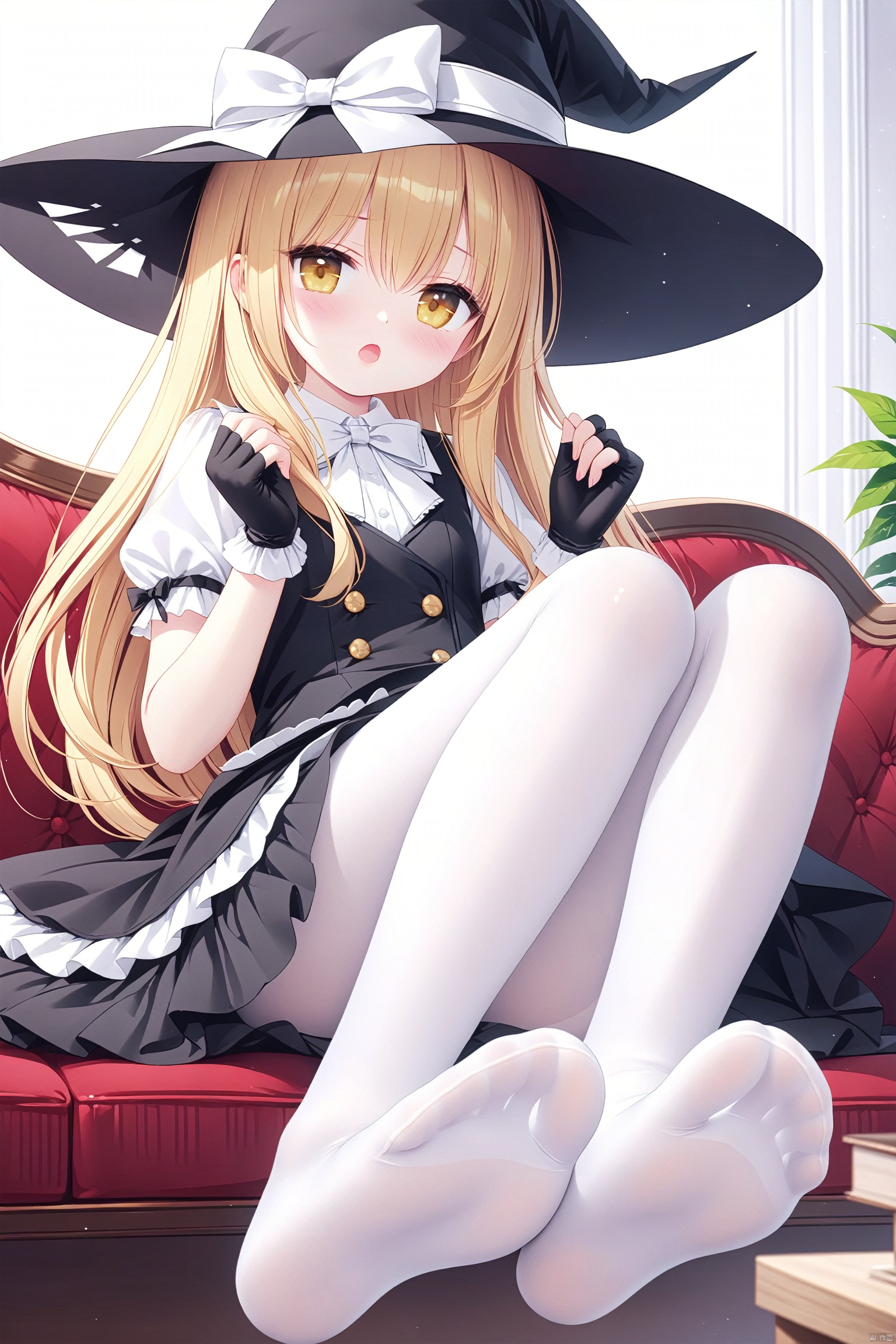 (masterpiece),(best quality),illustration,ultra detailed,hdr,Depth of field,(colorful),[iumu],[Sheya],[Artist chen bin], 1girl, hat, witch hat, kirisame marisa, blonde hair, solo, no shoes, feet, fingerless gloves, gloves, soles, pantyhose, long hair, white pantyhose, toes, black gloves, looking at viewer, short sleeves, black headwear, hair between eyes, foot focus, sitting, yellow eyes, puffy short sleeves, hat bow, blush, puffy sleeves, bow, black vest, open mouth, frills, shirt, white shirt, hands up, ribbon, vest, white bow