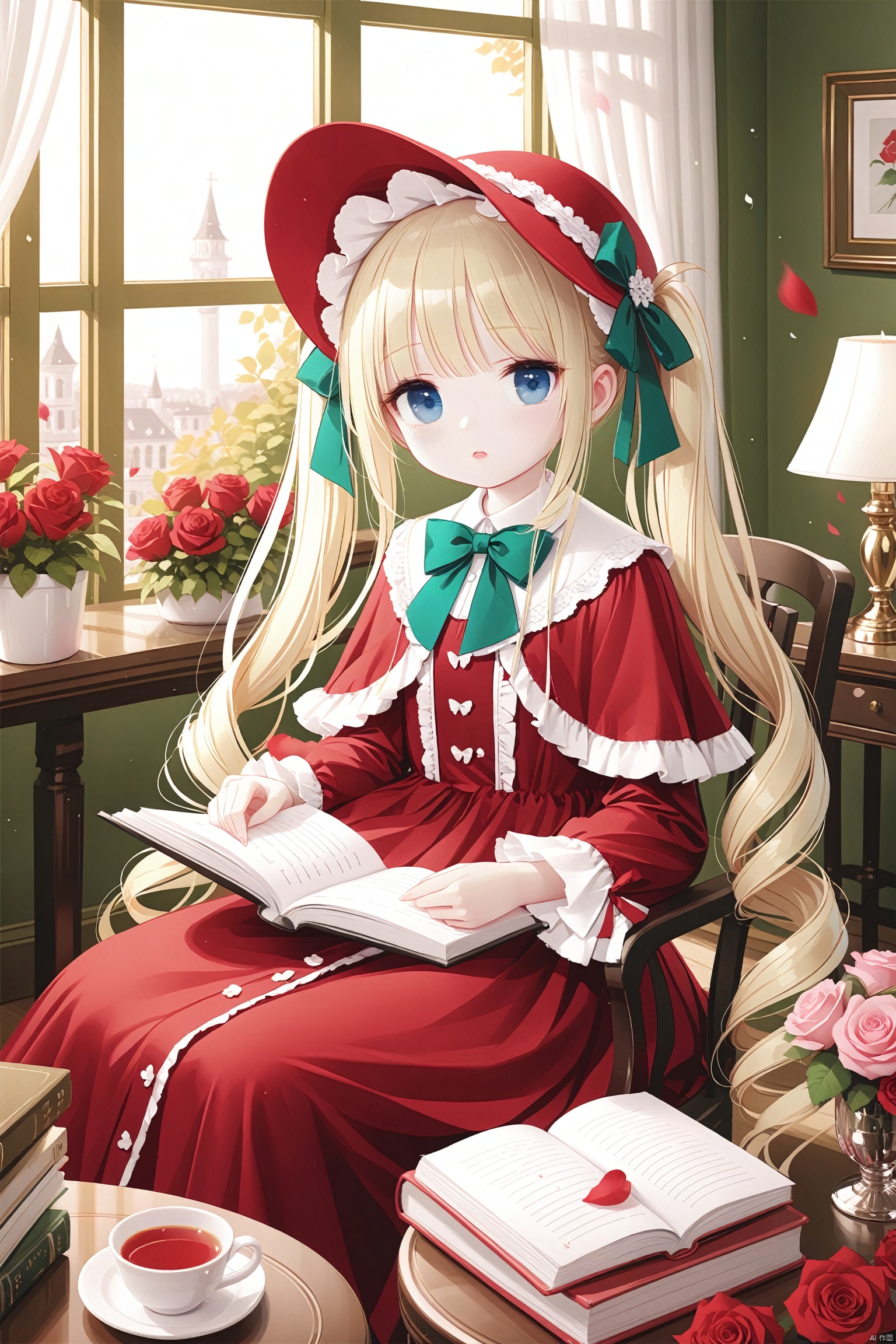 (masterpiece),(best quality),illustration,ultra detailed,hdr,Depth of field,(colorful),[Artist iumu],[Artist Sheya],[Artist chen bin],[artist:tianliang duohe fangdongye],[artist:wlop],1girl, shinku, solo, book, blonde hair, dress, long hair, flower, blue eyes, candle, long sleeves, red flower, rose, bonnet, green bowtie, indoors, cup, bow, sitting, window, red dress, twintails, petals, green bow, red rose, drill hair, bowtie, red headwear, looking at viewer, sidelocks, open book, rose petals, frills, very long hair, chair, table, candlestand, plant, lolita fashion, lamp, twin drills, teacup, parted lips, frilled sleeves, expressionless, capelet