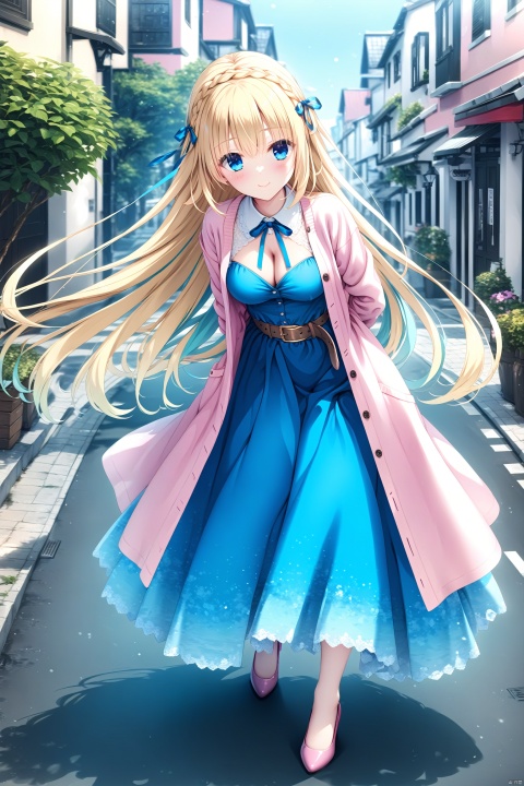  (masterpiece),(best quality),illustration,ultra detailed,hdr,Depth of field,(colorful),1girl, solo, long hair, blonde hair, skirt, outdoors, blue eyes, braid, long skirt, dutch angle, ribbon, very long hair, looking at viewer, closed mouth, open clothes, neck ribbon, arms behind back, blue skirt, street, pink footwear, belt, road, multicolored hair, breasts, shirt, day, crown braid, pink jacket, jacket, detached collar, blue ribbon, floating hair, hair between eyes, cleavage, white collar, high heels, standing, smile, buckle, open cardigan, open jacket, blurry background, belt buckle, two-tone hair, blurry, long sleeves, blush, cardigan, colored inner hair, coat, leaning forward, pink cardigan
