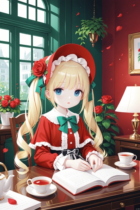 (masterpiece),(best quality),illustration,ultra detailed,hdr,Depth of field,(colorful),[Artist iumu],[Artist Sheya],[Artist chen bin],[artist:tianliang duohe fangdongye],[artist:wlop],1girl, shinku, solo, book, blonde hair, dress, long hair, flower, blue eyes, candle, long sleeves, red flower, rose, bonnet, green bowtie, indoors, cup, bow, sitting, window, red dress, twintails, petals, green bow, red rose, drill hair, bowtie, red headwear, looking at viewer, sidelocks, open book, rose petals, frills, very long hair, chair, table, candlestand, plant, lolita fashion, lamp, twin drills, teacup, parted lips, frilled sleeves, expressionless, capelet