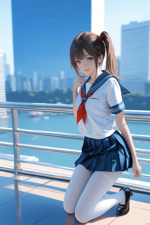  masterpiece,best quality,high quality,(colorful),[Artist miwano rag],[Artist chen bin],[Artist wlop:1],1girl, solo, skirt, school uniform, building, blue skirt, blurry, serafuku, pantyhose, blurry background, brown hair, short sleeves, outdoors, shirt, white shirt, black footwear, skyscraper, white pantyhose, pleated skirt, sailor collar, looking at viewer, city, black hair, midriff peek, long hair, shoes, cityscape, brown eyes, sidelocks, depth of field, closed mouth, blue sailor collar, smile, ponytail, lips, day, railing, kneeling, twintails, high heels, realistic, midriff, standing, ladder, side ponytail