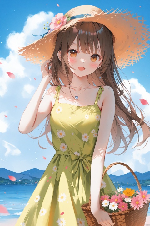  masterpiece,best quality,high quality,(colorful),[Artist miwano rag],[Artist chen bin],[Artist wlop:1],Artist weri, solo, 1girl, dress, hat, outdoors, flower, smile, sky, straw hat, long hair, looking at viewer, brown hair, open mouth, petals, pink flower, sleeveless, day, :d, cloud, blue sky, blush, green dress, brown eyes, basket, bangs, sleeveless dress, sundress, collarbone, bare shoulders, necklace, jewelry, bare arms, brown headwear, floral print, hand up, hat flower