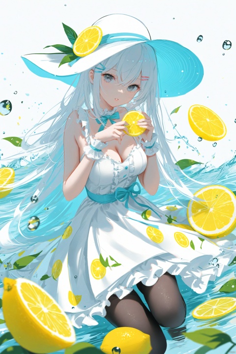  masterpiece,best quality,high quality,(colorful),[Artist miwano rag],[Artist chen bin],[Artist wlop],Artist myush,1girl, solo, food, fruit, dress, long hair, breasts, holding, cleavage, hat, lemon, looking at viewer, holding food, hair ornament, bare shoulders, grey eyes, pantyhose, parted lips, white dress, medium breasts, water drop, white headwear, holding fruit, hairclip, very long hair, wrist cuffs, lemon slice, ribbon, leaf, white hair, white background, sleeveless dress, hair between eyes, floral print, frills