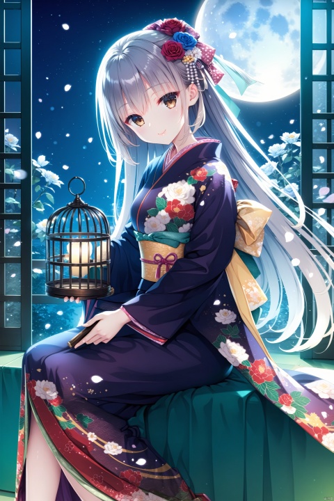  (masterpiece),(best quality),illustration,ultra detailed,hdr,Depth of field,(colorful),1girl, solo, japanese clothes, long hair, kimono, cage, smile, sash, looking at viewer, sitting, floral print, flower, birdcage, hair ornament, moon, obi, petals, long sleeves, closed mouth, bow, night, rose, wide sleeves, full moon, blue flower, hair bow, very long hair, brown eyes, holding, hair flower, print kimono, white flower, purple kimono, head tilt, hair between eyes