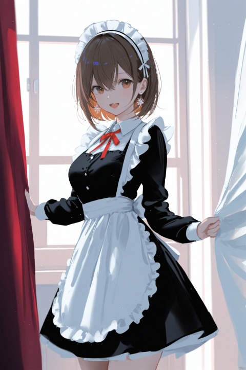  masterpiece,best quality,high quality,(colorful),[Artist miwano rag],[Artist chen bin],[Artist wlop:1],Artist myowa, 1girl, solo, brown hair, curtain grab, apron, maid, curtains, looking at viewer, short hair, long sleeves, neck ribbon, red ribbon, hairband, dress, maid apron, brown eyes, breasts, earrings, jewelry, open mouth, ribbon, black dress, white apron, smile, window, indoors, hair between eyes, maid headdress