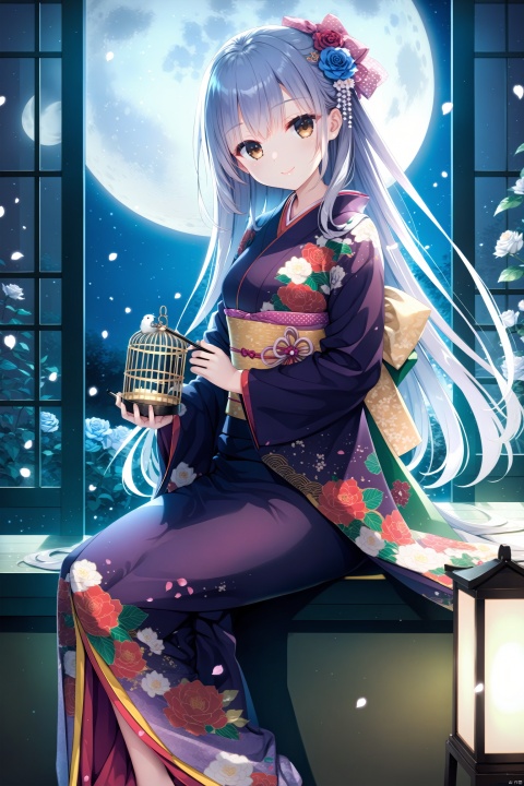  (masterpiece),(best quality),illustration,ultra detailed,hdr,Depth of field,(colorful),1girl, solo, japanese clothes, long hair, kimono, cage, smile, sash, looking at viewer, sitting, floral print, flower, birdcage, hair ornament, moon, obi, petals, long sleeves, closed mouth, bow, night, rose, wide sleeves, full moon, blue flower, hair bow, very long hair, brown eyes, holding, hair flower, print kimono, white flower, purple kimono, head tilt, hair between eyes