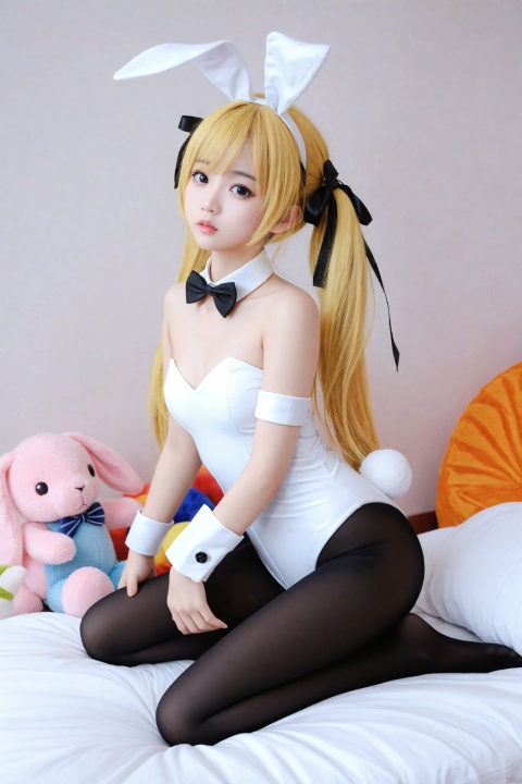  masterpiece,best quality,high quality,(colorful),[Artist miwano rag],[Artist chen bin],[Artist wlop:1],1girl, animal ears, rabbit ears, pantyhose, playboy bunny, solo, twintails, stuffed toy, long hair, realistic, stuffed animal, detached collar, looking at viewer, bowtie, sitting, leotard, bow, stuffed rabbit, fake animal ears, hair ribbon, white leotard, wrist cuffs, ribbon, blonde hair, lips, black bow, detached sleeves, black ribbon, breasts, grey eyes, bare shoulders, seiza, small breasts, strapless leotard, black bowtie, black pantyhose, strapless, no shoes, black eyes, nose, rabbit tail