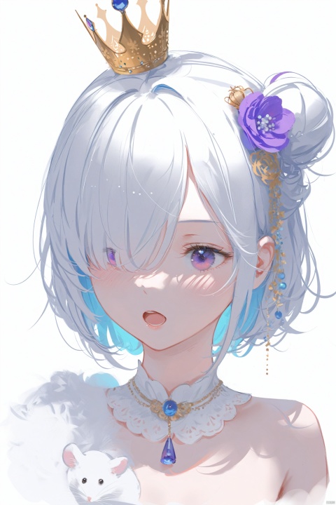  masterpiece,best quality,high quality,(colorful),[Artist miwano rag],[Artist chen bin],[Artist wlop:1],  Artist Hitoimim, 1girl, solo, open mouth, purple eyes, white background, hair ornament, portrait, simple background, white hair, cropped shoulders, flower, crown, hair bun, mouse, hair flower, hair over one eye, mini crown, blush, short hair