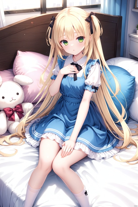  (masterpiece),(best quality),illustration,ultra detailed,hdr,Depth of field,(colorful),1girl, solo, blonde hair, long hair, green eyes, stuffed rabbit, stuffed toy, stuffed animal, pillow, sitting, dress, frills, very long hair, ribbon, white socks, two side up, socks, looking at viewer, short sleeves, black ribbon, bed, bow, shirt, white shirt, own hands together, hair between eyes, blue dress, hair ribbon, sleeveless dress, hair bow, frilled dress, indoors, on bed, pinafore dress, sleeveless