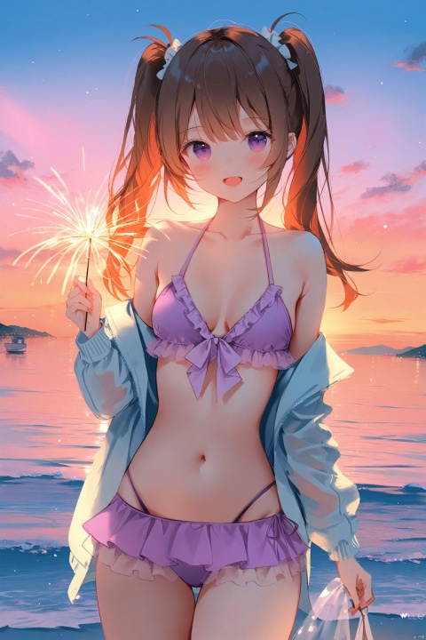 masterpiece,best quality,high quality,(colorful),[Artist miwano rag],[Artist chen bin],[Artist wlop:1],Artist weri, 1girl, solo, sparkler, swimsuit, bikini, long hair, outdoors, fireworks, breasts, navel, smile, open mouth, sky, looking at viewer, frilled bikini, frills, :d, ocean, open clothes, bangs, off shoulder, small breasts, blush, collarbone, cleavage, pink bikini, twintails, purple eyes, see-through, holding, thighs, standing, brown hair, bare shoulders, bikini skirt, sunset, long sleeves, cloud, purple bikini, night, open shirt, jacket, shirt, cowboy shot