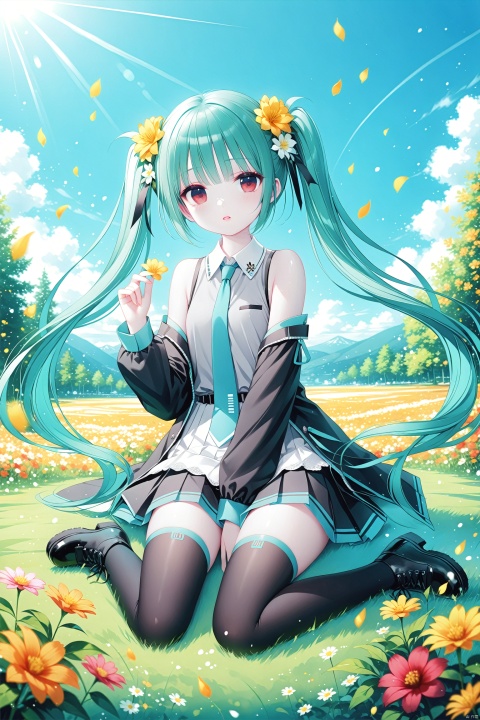 (masterpiece),(best quality),illustration,ultra detailed,hdr,Depth of field,(colorful),[Artist iumu],[Artist Sheya],[Artist chen bin], 1girl, solo, hatsune miku, flower, long hair, detached sleeves, skirt, necktie, hair ornament, twintails, shirt, sitting, red eyes, floating hair, hair flower, looking at viewer, thighhighs, sleeveless, boots, very long hair, black skirt, sleeveless shirt, grey shirt, orange flower, pleated skirt, thigh boots, petals, collared shirt, black sleeves, black footwear, green hair, full body, black thighhighs, outdoors, bare shoulders, parted lips, grass, wariza, red flower, yellow flower, sky, wind, aqua necktie