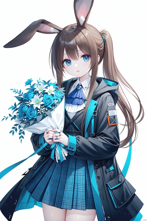 (masterpiece),(best quality),illustration,ultra detailed,hdr,Depth of field,(colorful),[Artist iumu],[Artist Sheya],[Artist chen bin],solo, 1girl, amiya (arknights), animal ears, rabbit ears, blue eyes, brown hair, skirt, long hair, holding, looking at viewer, ring, open clothes, jacket, flower, jewelry, multiple rings, ponytail, cowboy shot, blue theme, ascot, white background, long sleeves, blue skirt, sidelocks, holding bouquet, bouquet, hair between eyes, open jacket, plaid skirt, plaid, simple background, blue ascot, hood, parted lips, black jacket, coat, open coat