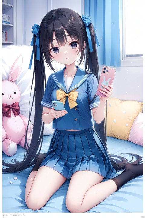  (masterpiece),(best quality),illustration,ultra detailed,hdr,Depth of field,(colorful),1girl, solo, skirt, long hair, socks, holding, twintails, phone, school uniform, sitting, black hair, bow, black socks, pleated skirt, stuffed toy, cellphone, sailor collar, short sleeves, holding phone, blue skirt, stuffed animal, looking at viewer, serafuku, wariza, shirt, smartphone, very long hair, bowtie, blue shirt, hair bow, blue sailor collar, ribbon, collarbone, parted lips, hair ribbon, indoors, pillow, stuffed rabbit, bed sheet, sailor shirt, page number