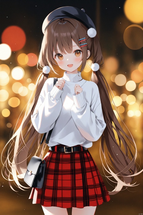  masterpiece,best quality,high quality,(colorful),[Artist miwano rag],[Artist chen bin],[Artist wlop:1],Artist weri, 1girl, solo, long hair, skirt, brown eyes, brown hair, hair ornament, plaid skirt, smile, looking at viewer, sweater, hat, open mouth, bag, plaid, blurry background, blurry, blush, long sleeves, hairclip, bangs, :d, twintails, holding, beret, shoulder bag, sleeves past wrists, belt, black headwear, very long hair, red skirt, turtleneck sweater, white sweater, turtleneck, handbag, bokeh, pom pom (clothes), depth of field, hands up, cowboy shot