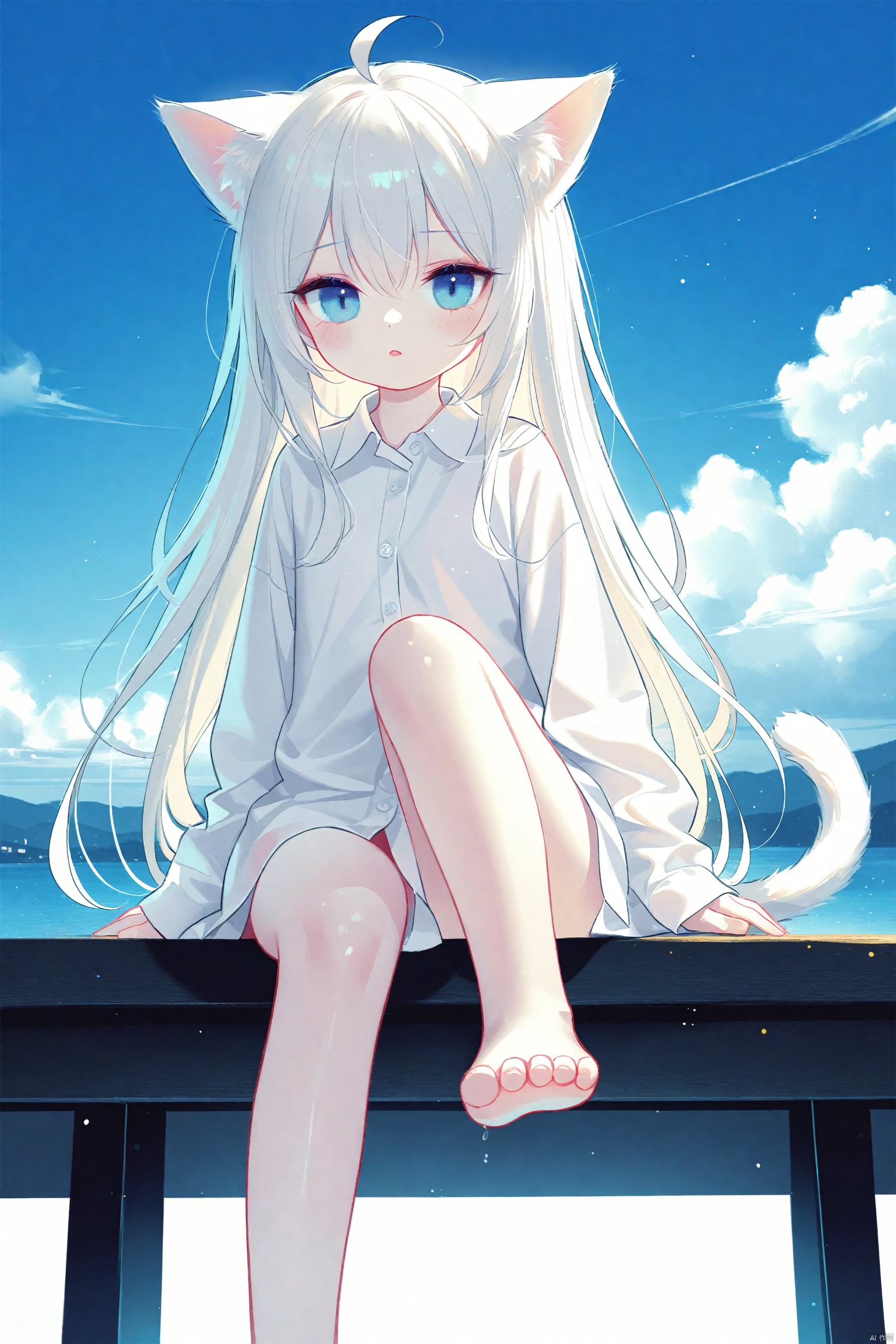 (masterpiece),(best quality),illustration,ultra detailed,hdr,Depth of field,(colorful),[Artist iumu],[Artist Sheya],[Artist chen bin],[artist:tianliang duohe fangdongye],[artist:wlop],1girl, animal ears, tail, cat ears, cat tail, solo, shirt, toes, cat girl, blue eyes, long hair, barefoot, white hair, sitting, white shirt, feet, animal ear fluff, sky, foot out of frame, looking at viewer, blush, ahoge, cloud, long sleeves, bare legs, off shoulder, very long hair, blue sky, knee up, parted lips, toenails, legs, day, hair between eyes, naked shirt, collared shirt, sleeves past wrists, no pants