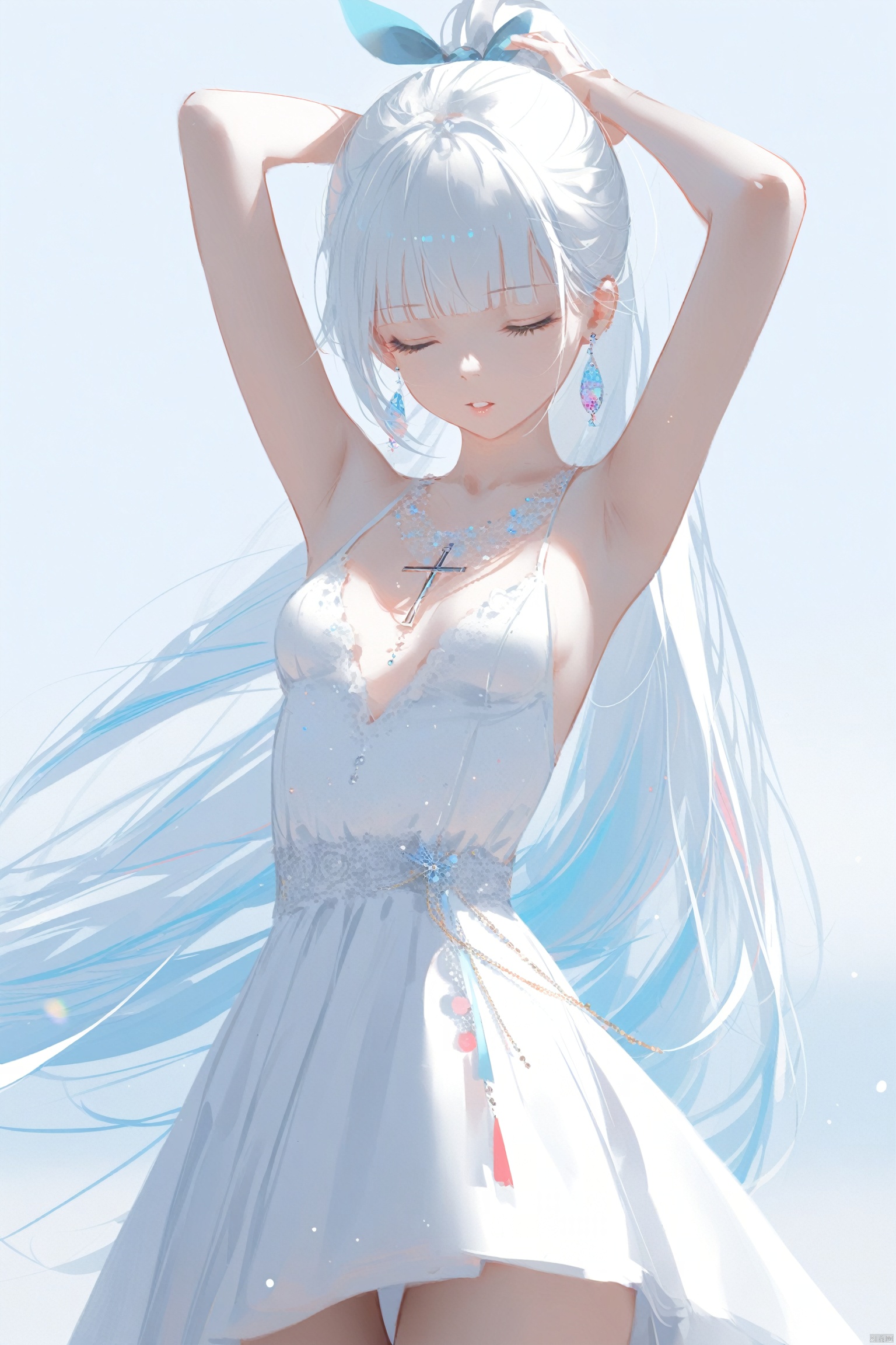  masterpiece,best quality,high quality,(colorful),[Artist miwano rag],[Artist chen bin],[Artist wlop], Artist DIno, solo, 1girl, white background, closed eyes, long hair, simple background, jewelry, earrings, dress, breasts, very long hair, white hair, ponytail, arms up, white dress, parted lips, armpits, cross, small breasts, blunt bangs, cowboy shot