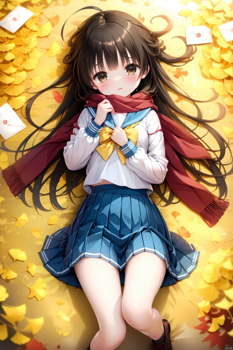 (masterpiece),(best quality),illustration,ultra detailed,hdr,Depth of field,(colorful),loli,1girl,solo,school uniform,skirt,scarf,lying,serafuku,on back,long sleeves,autumn,blue skirt,looking at viewer,sailor collar,bow,brown eyes,long hair,tears,autumn leaves,bangs,blue sailor collar,shirt,parted lips,pleated skirt,white shirt,envelope,ahoge,blurry,red scarf,black hair,crying,leaf,letter,crying with eyes open,yellow bow,outdoors,brown hair,bowtie,ginkgo leaf,from above,tearing up,blush