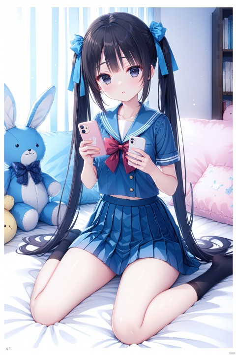  (masterpiece),(best quality),illustration,ultra detailed,hdr,Depth of field,(colorful),1girl, solo, skirt, long hair, socks, holding, twintails, phone, school uniform, sitting, black hair, bow, black socks, pleated skirt, stuffed toy, cellphone, sailor collar, short sleeves, holding phone, blue skirt, stuffed animal, looking at viewer, serafuku, wariza, shirt, smartphone, very long hair, bowtie, blue shirt, hair bow, blue sailor collar, ribbon, collarbone, parted lips, hair ribbon, indoors, pillow, stuffed rabbit, bed sheet, sailor shirt, page number