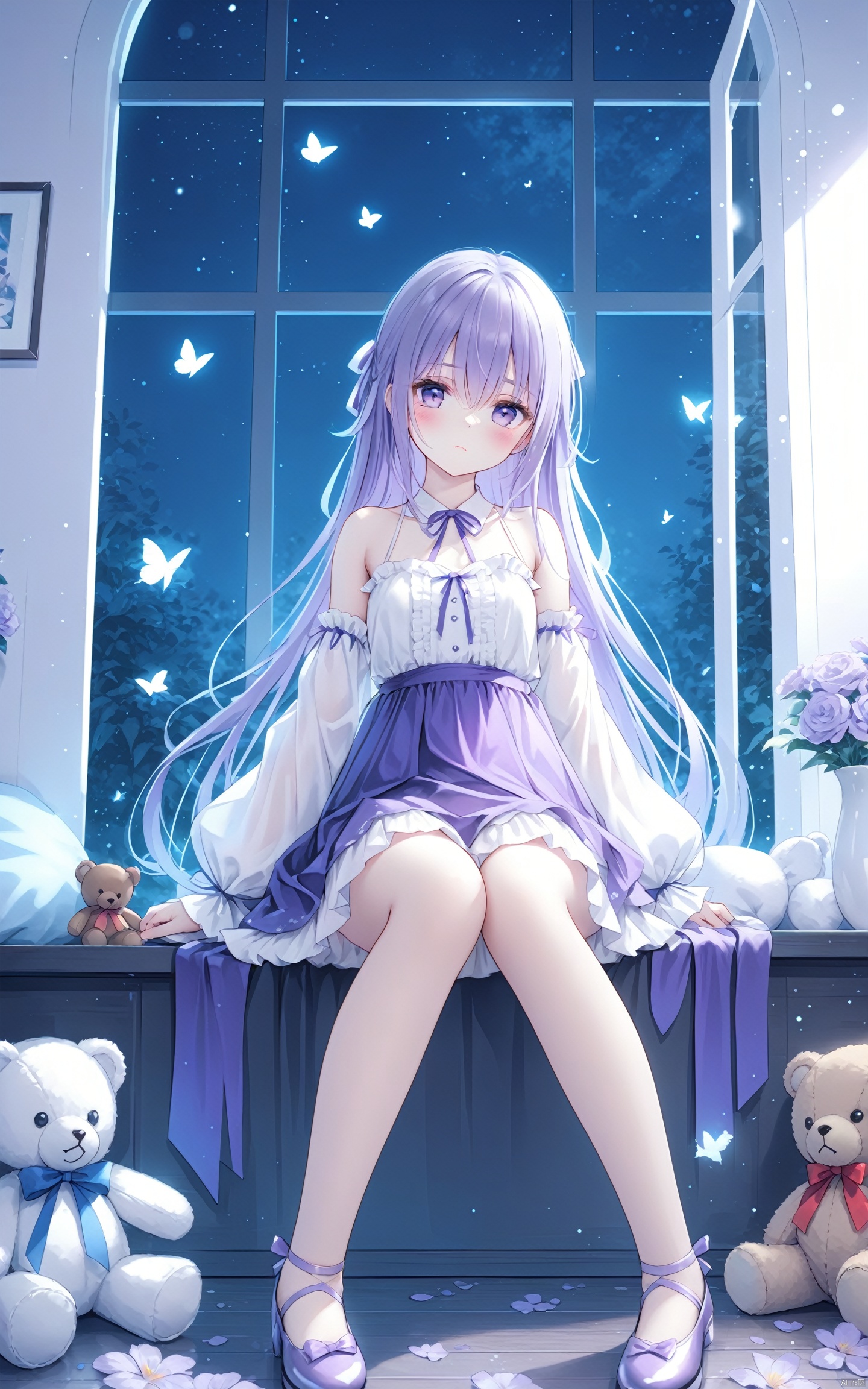  (masterpiece), (best quality), illustration, ultra detailed, hdr, Depth of field, (colorful),1girl, solo, stuffed toy, looking at viewer, purple hair, bug, butterfly, long hair, stuffed animal, window, bangs, hair between eyes, teddy bear, blush, flower, night, sitting, detached sleeves, closed mouth, ribbon, bare shoulders, sleeves past fingers, indoors, dress