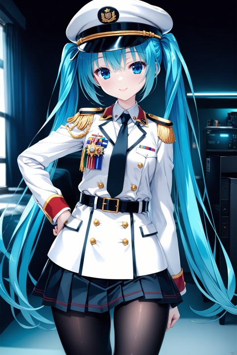  (masterpiece),(best quality),illustration,ultra detailed,hdr,Depth of field,(colorful),1girl, solo, hat, uniform, blue eyes, twintails, blue hair, military, hatsune miku, military uniform, pantyhose, belt, necktie, medal, peaked cap, long hair, skirt, smile, epaulettes, looking at viewer, black pantyhose