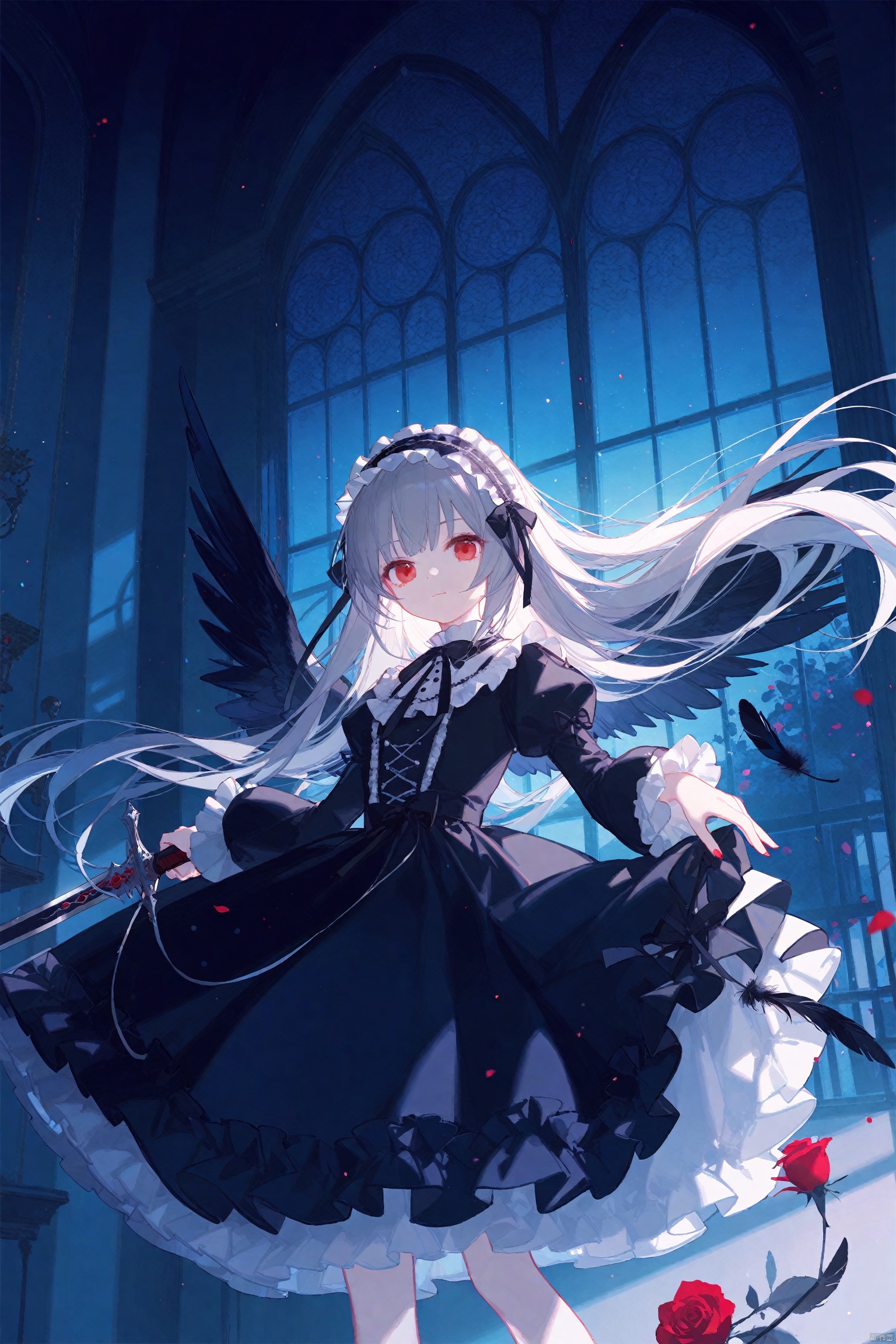 Artist:ask (askzy),Artist:chen bin,Artist:ciloranko,1girl,suigintou,solo,dress,long hair,red eyes,long sleeves,hairband,wings,grey hair,sword,black wings,frills,weapon,holding,juliet sleeves,looking at viewer,black ribbon,black dress,lolita fashion,puffy sleeves,flower,indoors,feathers,holding sword,lolita hairband,closed mouth,gothic lolita,ribbon,white dress,rose,standing,holding weapon,window,black hairband,frilled sleeves,frilled dress,