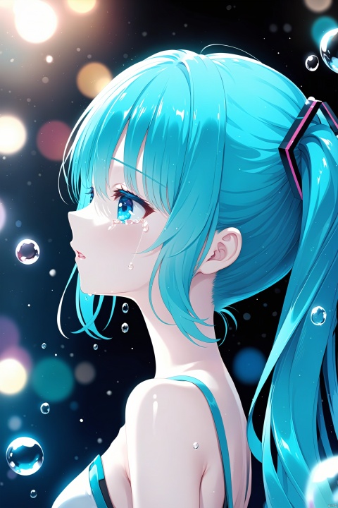 (masterpiece),(best quality),illustration,ultra detailed,hdr,Depth of field,(colorful),1girl, solo, hatsune miku, long hair, twintails, profile, blue hair, crying, tears, bubble, from side, eyelashes, blue eyes, crying with eyes open, blurry, upper body, parted lips, bangs, bokeh, portrait, close-up, water drop, aqua eyes, hair ornament, depth of field, bare shoulders, aqua hair