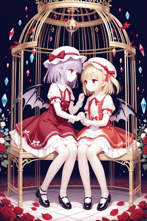 (masterpiece),(best quality),illustration,ultra detailed,hdr,Depth of field,(colorful),[Artist iumu],[Artist Sheya],[Artist chen bin],artist:tianliang duohe fangdongye,flandre scarlet, mob cap, remilia scarlet, hat, multiple girls, 2girls, wings, blonde hair, short sleeves, cage, red eyes, siblings, sisters, bat wings, puffy sleeves, wrist cuffs, looking at another, puffy short sleeves, birdcage, shirt, white headwear, skirt, holding hands, red vest, white shirt, purple hair, red skirt, bow, one side up, sitting, dress, vest, short hair, ribbon, eye contact, crystal, red ribbon, red bow, shoes, closed mouth, full body, hat ribbon, profile, medium hair, black footwear