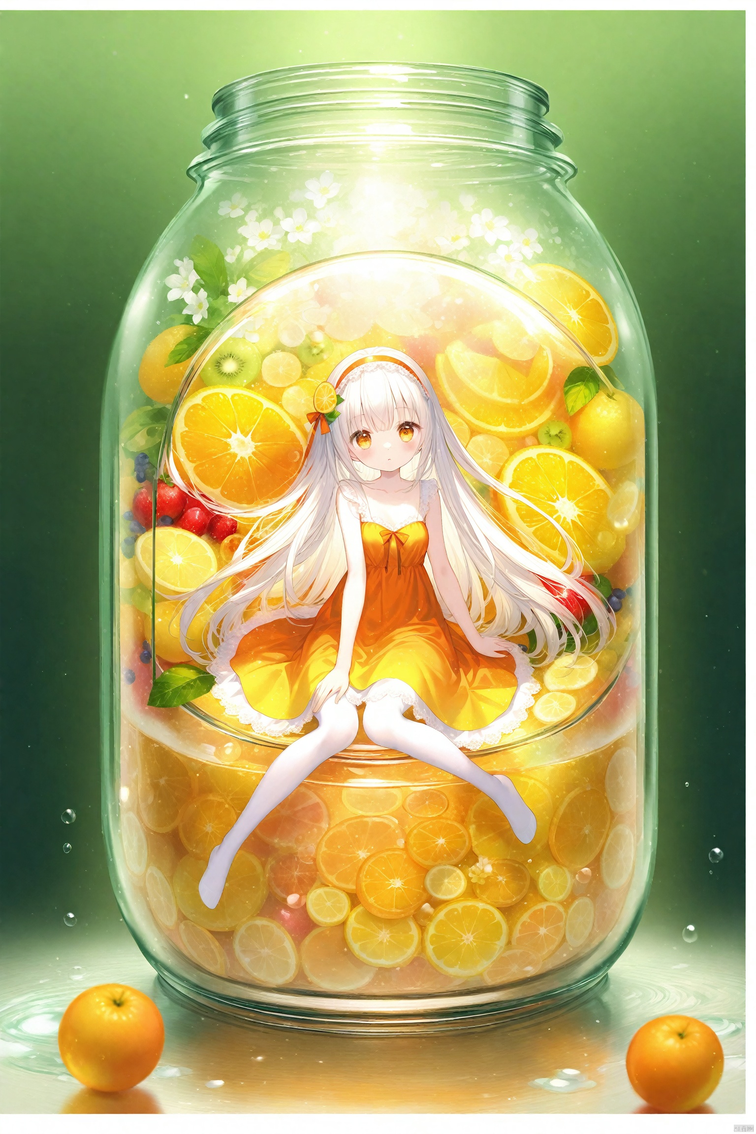 (masterpiece),(best quality),illustration,ultra detailed,hdr,Depth of field,(colorful),loli,(flowers background:1.45),(transparent background:1.3)(an extremely delicate and beautiful girl inside of glass jar:1.2),(glass jar:1.35),(solo:1.2),(full body),(beautiful detailed eyes, beautiful detailed face:1.3),(sitting ),(very long silky hair, float white hair:1.15),(medium_breasts, tally and skinny:1.2),(Colorful dress:1.3),(extremely detailed lace:0.3),(insanely detailed frills:0.3),(hairband , orange hair_ornament:1.25),orange cans,water surface,full body,(bottle filled with orange water,bottle filled with Fanta:1.25),(many fruits in jar, many Sliced_fruits in jar:1.25),(many bubbles:1.25),
