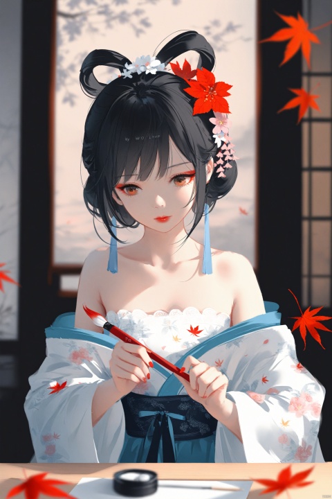  masterpiece,best quality,high quality,(colorful),[Artist miwano rag],[Artist chen bin],[Artist wlop:1],1girl, flower, solo, hair ornament, black hair, hanfu, long sleeves, sitting, chinese clothes, hair flower, white flower, red lips, indoors, dress, maple leaf, painting (object), leaf, hair rings, blurry, realistic, closed mouth, painting (action), brown eyes, bare shoulders, looking down, updo, holding, wide sleeves, red flower, collarbone, short hair, off shoulder, upper body, lips, makeup, bird print, floral print, paintbrush, black eyes, pink flower
