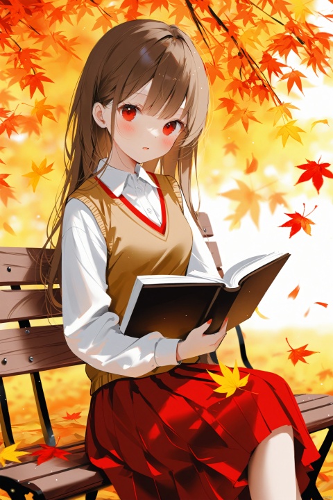  masterpiece,best quality,high quality,(colorful),[Artist miwano rag],[Artist chen bin],[Artist wlop:1],Artist weri, 1girl, solo, book, long hair, shirt, skirt, leaf, sitting, looking at viewer, white shirt, holding, autumn leaves, long sleeves, outdoors, brown skirt, collared shirt, holding book, bangs, blush, open book, bench, brown hair, parted lips, autumn, maple leaf, long skirt, pleated skirt, sweater vest, red skirt, vest, day, falling leaves, red eyes, sweater, blurry