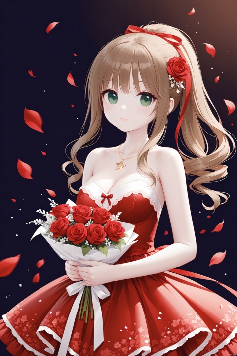 (masterpiece),(best quality),illustration,ultra detailed,hdr,Depth of field,(colorful),[Artist iumu],[Artist Sheya],[Artist chen bin],[artist:tianliang duohe fangdongye],[artist:wlop], 1girl, breasts, solo, flower, green eyes, dress, brown hair, cleavage, aerith gainsborough, red dress, bouquet, smile, long hair, jewelry, looking at viewer, necklace, red flower, holding, holding bouquet, bare shoulders, hair ornament, petals, sidelocks, strapless dress, strapless, medium breasts, falling petals, parted bangs, ribbon, hair flower, bare arms, official alternate costume, star necklace, cowboy shot, ponytail, closed mouth, hair ribbon, ringlets, red ribbon, bow, rose, drill hair