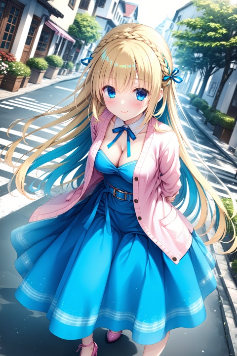  (masterpiece),(best quality),illustration,ultra detailed,hdr,Depth of field,(colorful),1girl, solo, long hair, blonde hair, skirt, outdoors, blue eyes, braid, long skirt, dutch angle, ribbon, very long hair, looking at viewer, closed mouth, open clothes, neck ribbon, arms behind back, blue skirt, street, pink footwear, belt, road, multicolored hair, breasts, shirt, day, crown braid, pink jacket, jacket, detached collar, blue ribbon, floating hair, hair between eyes, cleavage, white collar, high heels, standing, smile, buckle, open cardigan, open jacket, blurry background, belt buckle, two-tone hair, blurry, long sleeves, blush, cardigan, colored inner hair, coat, leaning forward, pink cardigan