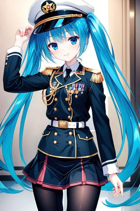  (masterpiece),(best quality),illustration,ultra detailed,hdr,Depth of field,(colorful),1girl, solo, hat, uniform, blue eyes, twintails, blue hair, military, hatsune miku, military uniform, pantyhose, belt, necktie, medal, peaked cap, long hair, skirt, smile, epaulettes, looking at viewer, black pantyhose