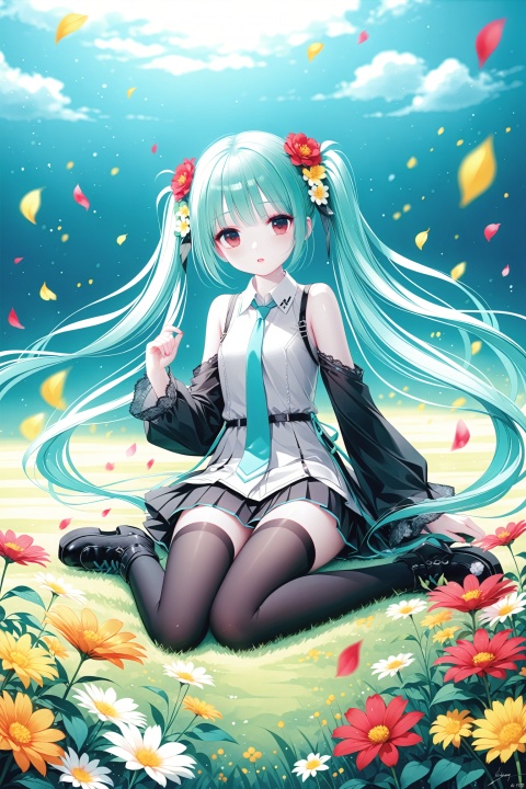 (masterpiece),(best quality),illustration,ultra detailed,hdr,Depth of field,(colorful),[Artist iumu],[Artist Sheya],[Artist chen bin], 1girl, solo, hatsune miku, flower, long hair, detached sleeves, skirt, necktie, hair ornament, twintails, shirt, sitting, red eyes, floating hair, hair flower, looking at viewer, thighhighs, sleeveless, boots, very long hair, black skirt, sleeveless shirt, grey shirt, orange flower, pleated skirt, thigh boots, petals, collared shirt, black sleeves, black footwear, green hair, full body, black thighhighs, outdoors, bare shoulders, parted lips, grass, wariza, red flower, yellow flower, sky, wind, aqua necktie