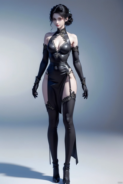  (Full body standing: 1.2), black and blue dress, a small amount of armor, dragon scales inlaid, female assassin, dark red short hair, facing the screen, standing posture, facial details, skin details, 3D model, a girl, 8K, light colored simple background wallpaper, Super long legs, 111, dofas