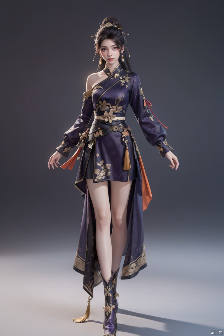  (Full body standing: 1.2),(purple dress),long dress,slender neck,(a small amount of pattern on the chest),Two layers of clothing, loose fitting top,ribbon,cumbersome belt decoration,Loose sleeves and Chinese Han boots, asmallamountofarmor,Exposedtoe,threecountries,femaleassassin,standingposture,facialdetails,skindetails,3Dmodel,onegirl,8K,wallpaper,Bronze_Armor,luxueqi,呃呃呃,tutututu, Super long legs, fenghuajuedai