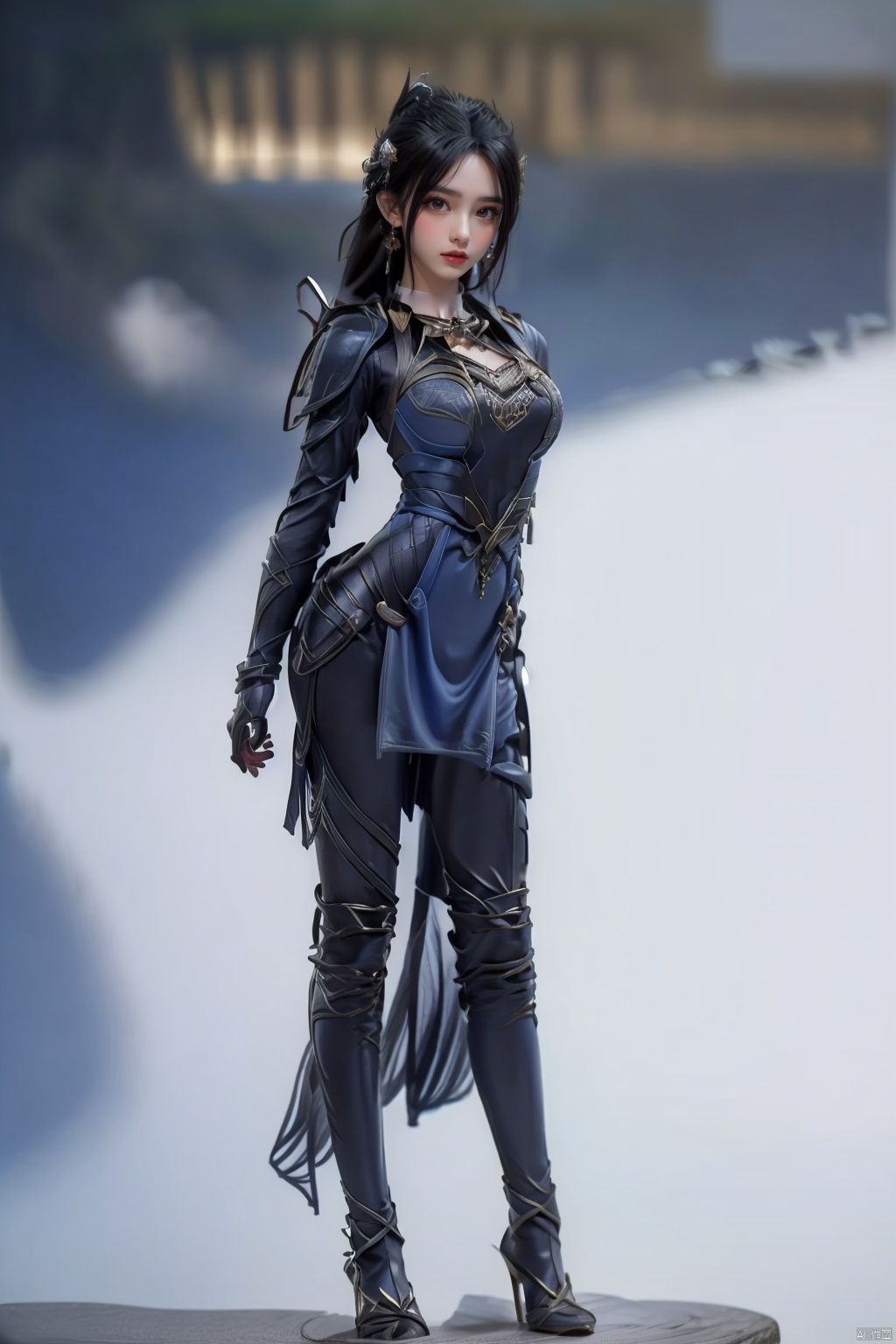  (Full body standing: 1.2) Blue dress, a small amount of armor, female assassin, dark red short hair, facing the screen, standing posture, facial details, skin details, 3D model, one girl, 8K, wallpaper, Bronze_Armor,luxueqi,呃呃呃