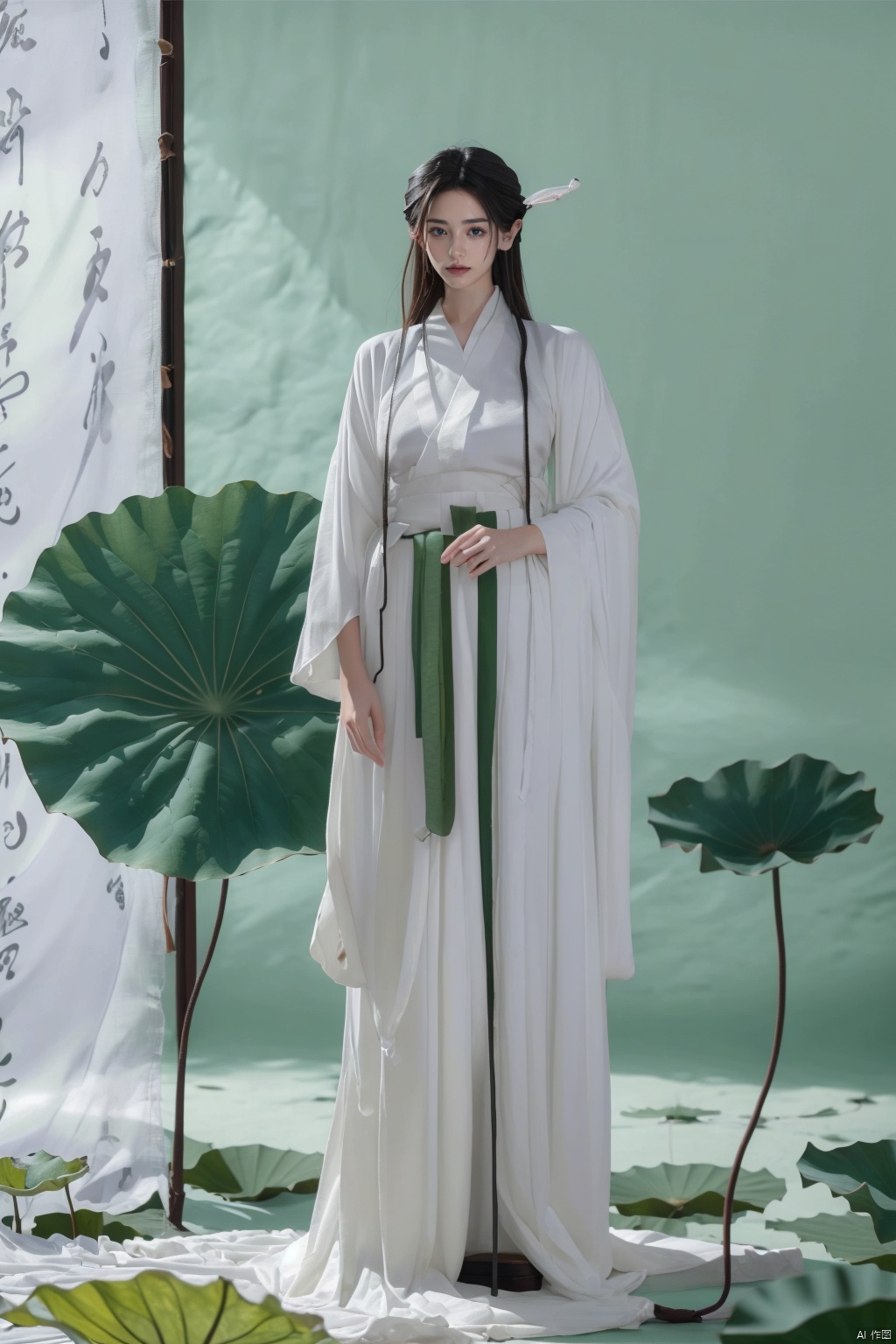1 Girl, long legs, (wearing a white fairy gauze skirt Hanfu fashion: 1.3), full body, (standing in a huge lotus leaf: 1.2), smiling, white long hair band, wearing antique white cloth shoes, 8k,RAW photo, best quality, masterpiece :1.2), (realistic, photo realistic :1.37), (green theme :1.2), creative, perfect, beautiful composition, complex, nuanced, light and shadow, atmosphere, details, visual appeal, lotus leaf, Master of light and shadow